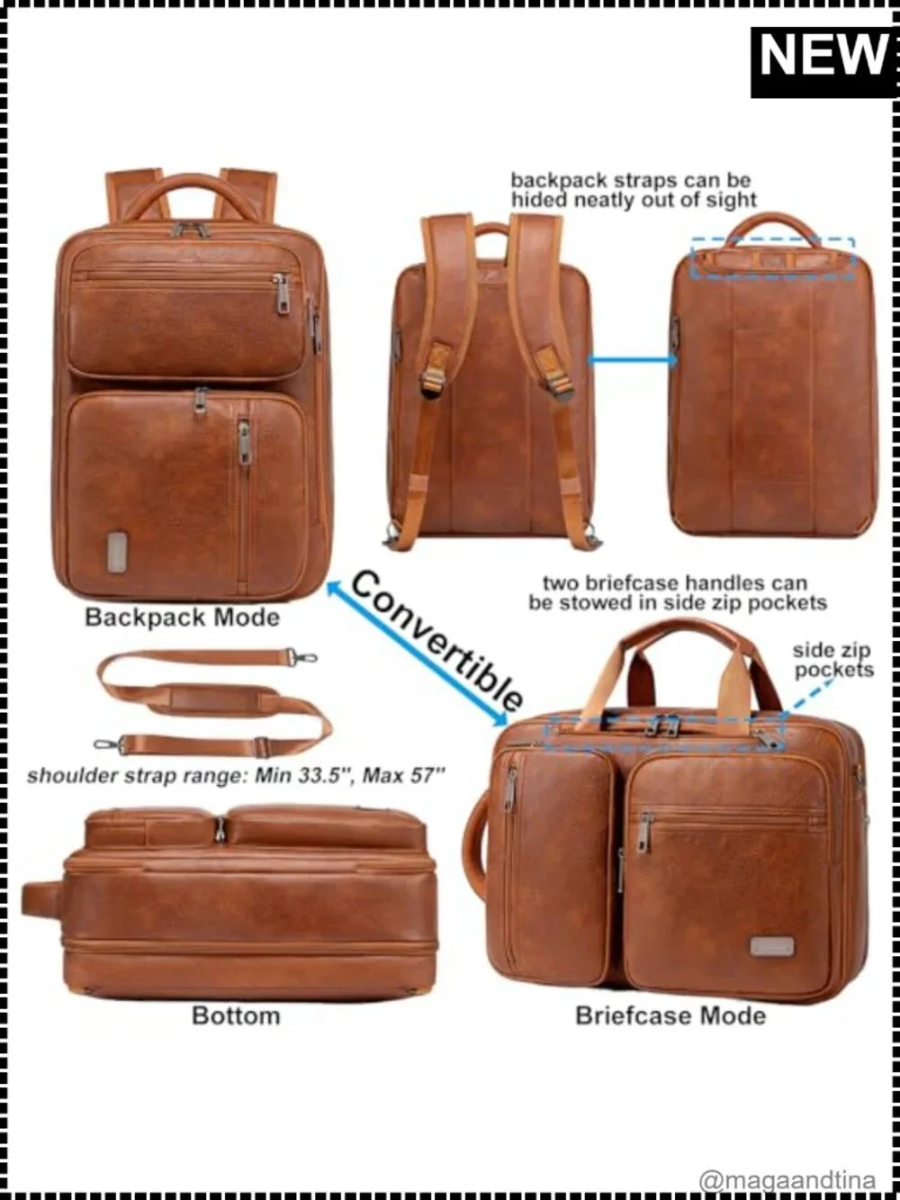 Vegan Leather 3-in-1 Convertible Laptop Backpack Briefcase Messenger Bag